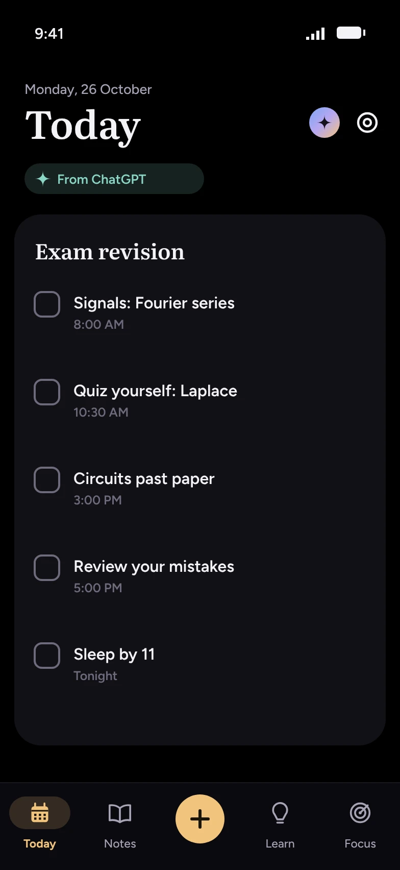 Today filled with an exam revision plan, marked From ChatGPT.
