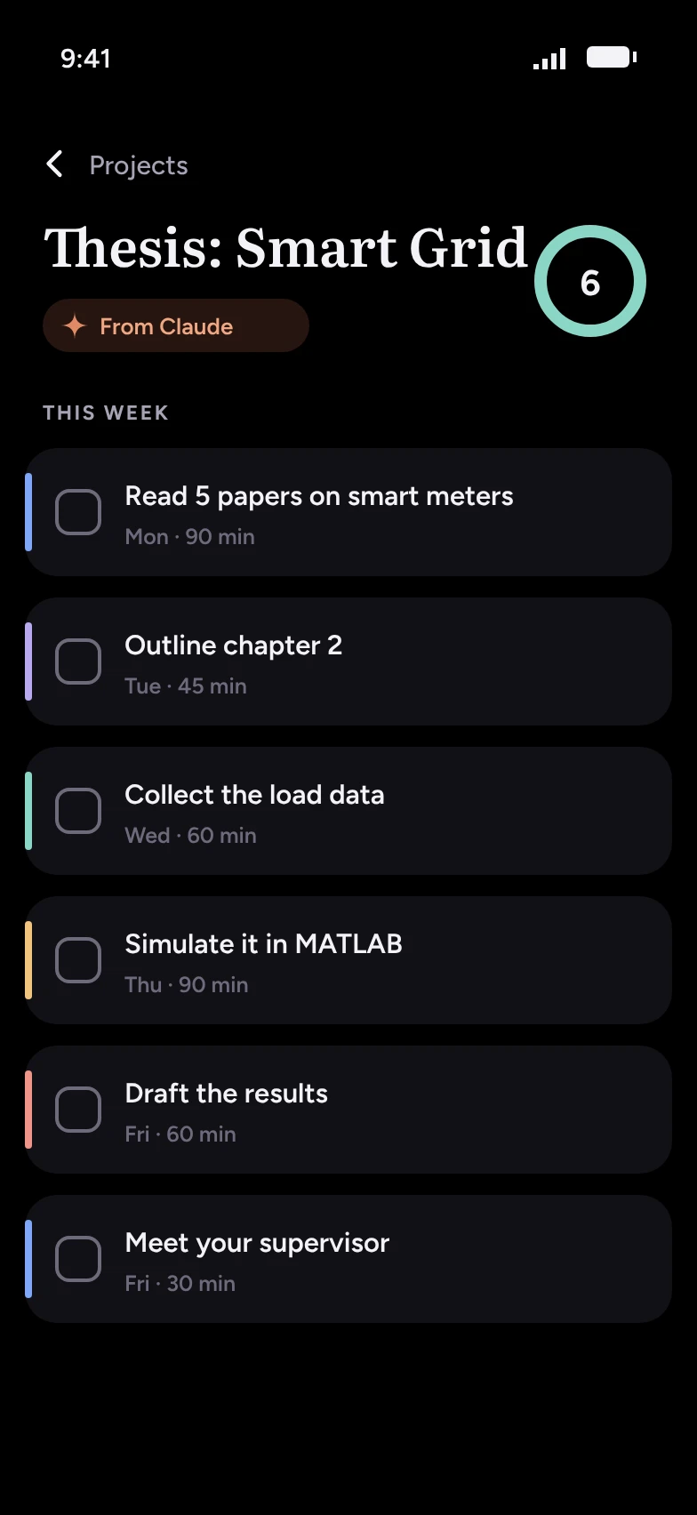 A project called Thesis: Smart Grid with six tasks, marked From Claude.