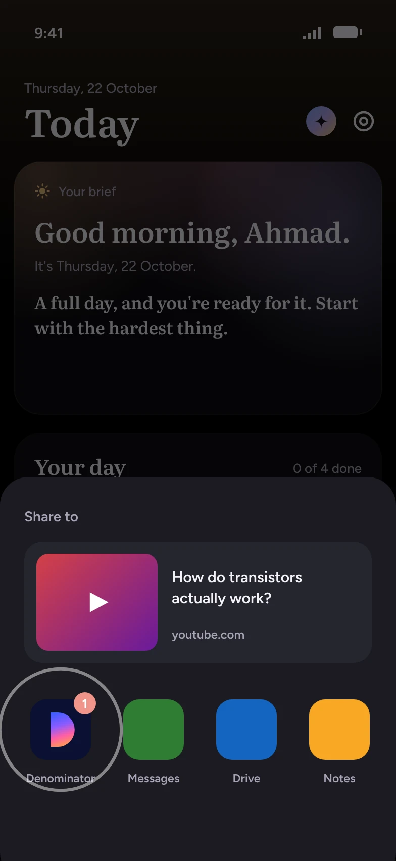 Android's share menu with a YouTube video about transistors, and Denominator as the first app to share to.
